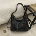 Chic black PU leather tote bag with ZSKE PARIS logo and vintage metal buckle details - Black without Pendant