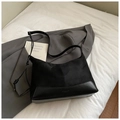 Minimalist black faux suede and leather拼接 shoulder bag on a stylish grey suit jacket - Black (Without Charm)