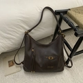 Vintage dark brown tote bag in shiny PU leather with multiple functional front pockets - Coffee without Pendant