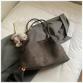 Detail view of deep gray vintage tote bag with contrast stitching and soft matte texture - With Pendant / Coffee