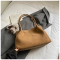 Brown faux leather tote bag with minimalist stitching and a grey plush rabbit charm detail - With Pendant / Brown