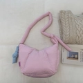 Pink quilted puffer shoulder bag with blue knot charm and soft padded texture detail - Pink