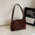 Brown suede tote bag with plush charm, minimalist rectangular design for daily commute - Coffee No Charm