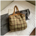 Brown plaid wool tote bag with Bonne journée embroidery and knit shoulder strap - Green Plaid
