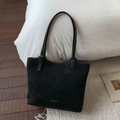 Retro black leather tote bag with white contrast stitching and gold metal hardware accents - Black Style (Without Pendant)
