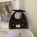 Borsa tote in pelle scamosciata marrone con fiocchi in seta blu, perle e manici annodati - Marrone