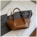 Brown leather tote bag detail with thin shoulder straps and colorful beaded charm - Brown with Pendant