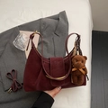Minimalist wine red shoulder bag with gold handle and bear charm for women - Wine Red With Pendant