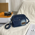 Retro washed dark blue denim crossbody bag with vintage leather patch and adjustable strap - Dark Blue