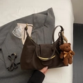 Brown pleated underarm bag with crescent hardware and cute bear charm pendant - Coffee With Charms