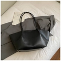 Classic black wax leather tote bag with long handles for stylish commuting and daily use - Black without Pendant