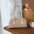 Beige plush faux fur shoulder bag for women with soft texture and leather handle details - Khaki