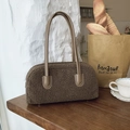 Brown fuzzy teddy plush tote bag with smooth faux leather shoulder straps - Dark Khaki