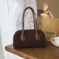 Minimalist dark brown plush faux fur tote bag with long brown shoulder straps for women - Brown