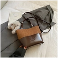 Vintage bucket bag featuring brown leopard print panel and plush rabbit charm - Brown Leopard (With Pendant)