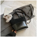 Retro black bucket bag with leopard print texture and cute plush rabbit charm - Leopard Black (With Charm)
