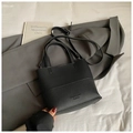 Retro black litchi texture leather bucket bag with top handles and adjustable strap - Black without Pendant