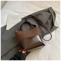 Chic brown patchwork bucket bag featuring suede and glossy leather with top handle - Coffee (No Pendant)