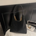 Minimalist black suede tote bag with white contrast stitching and long shoulder strap - Black (Without Charm)