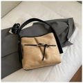 Minimalist beige bucket bag with pleated texture and black contrast shoulder straps - Khaki (No Pendant)