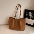 Minimalist caramel brown faux suede tote bag with large capacity and thin shoulder straps - No Pendant / Brown