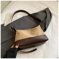 Retro khaki and dark brown two-tone tote bag with a smooth leather base and shoulder strap - Khaki (Without Charm)