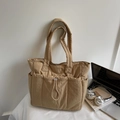 Detail of reinforced X-stitch on handles of a large quilted khaki tote bag with a laptop - Khaki