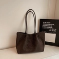 Minimalist large tote bag in dark brown suede finish with long thin shoulder straps - No Pendant / Coffee