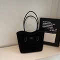Classic black suede tote bag with white stitching and long shoulder straps - Black without Pendant