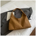 Detail of hobo bag in brown suede with decorative white contrast stitching and wide strap - Brown No Pendant