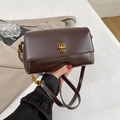Detaillierte Ansicht der dunkelbraunen Lederhandtasche mit Goldverschluss und Kettenriemen - Glänzend / Braun