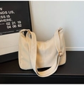 Beige crescent hobo tote bag in soft PU leather with adjustable wide shoulder strap - No Pendant / White