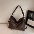 Minimalist large dark brown tote bag in oily leather texture with metal buckle detail - Brown