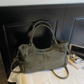 Olive green tote bag with white contrast stitching and soft pebbled leather texture - No Pendant / Green
