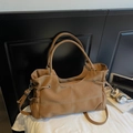 Brown soft leather tote bag with white decorative stitching and adjustable side drawstrings - No Pendant / Brown