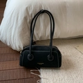 Close-up of vintage black suede handbag with white contrast stitching and gold text detail - Black without Pendant