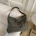 Deep green suede tote bag with white contrast stitching and brown leather strap - No Pendant / Green