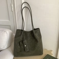 Detailed close-up of dark green suede tote bag featuring a matching card holder attachment - Pale Green