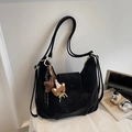 Black matte PU leather tote bag with crescent shape and cute bear charm accessory - Black with Pendant