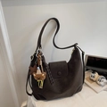 Dark brown matte leather tote bag with flap closure and cute bear pendant charm - Coffee with Pendant