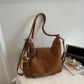 Vintage brown leather hobo shoulder bag with plush bear charm and fashion letter print - Brown with Pendant