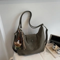 Deep olive green vintage tote bag with plush bear charm and magnetic flap closure - Gray With Pendant