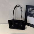 Retro black faux suede tote bag with white contrast stitching and long handles - Black without Pendant