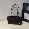 Minimalist dark brown suede tote bag with slim shoulder straps and gold hardware detail - Coffee No Charm