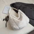 White faux fur hobo shoulder bag for women with plush texture and decorative charms - With Ornament / White