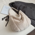 Elegant beige faux fur shoulder bag with leather strap and decorative pendants for winter - With Ornament / Apricot