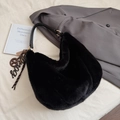 Women's black faux fur hobo bag with leather strap and golden metal charms in winter - With Ornament / Black