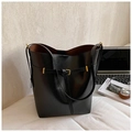 Minimalist black oil wax leather bucket bag with gold buckle for daily commuting - Black