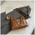 Brown retro leather dumpling bag with gold chain strap and teddy bear charm - Brown Large With Pendant