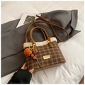 Winter plaid plush bucket bag with brown faux leather handles and colorful pompom charms - With Pendant / Plaid Brown